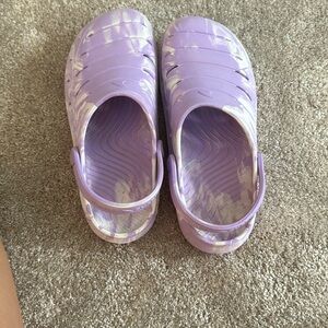 rugged sharks, purple kids clogs